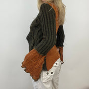 ETHEREAL GIRL DROP | medium brown and orange knitted asymmetric cardigan with beaded safety pin closure