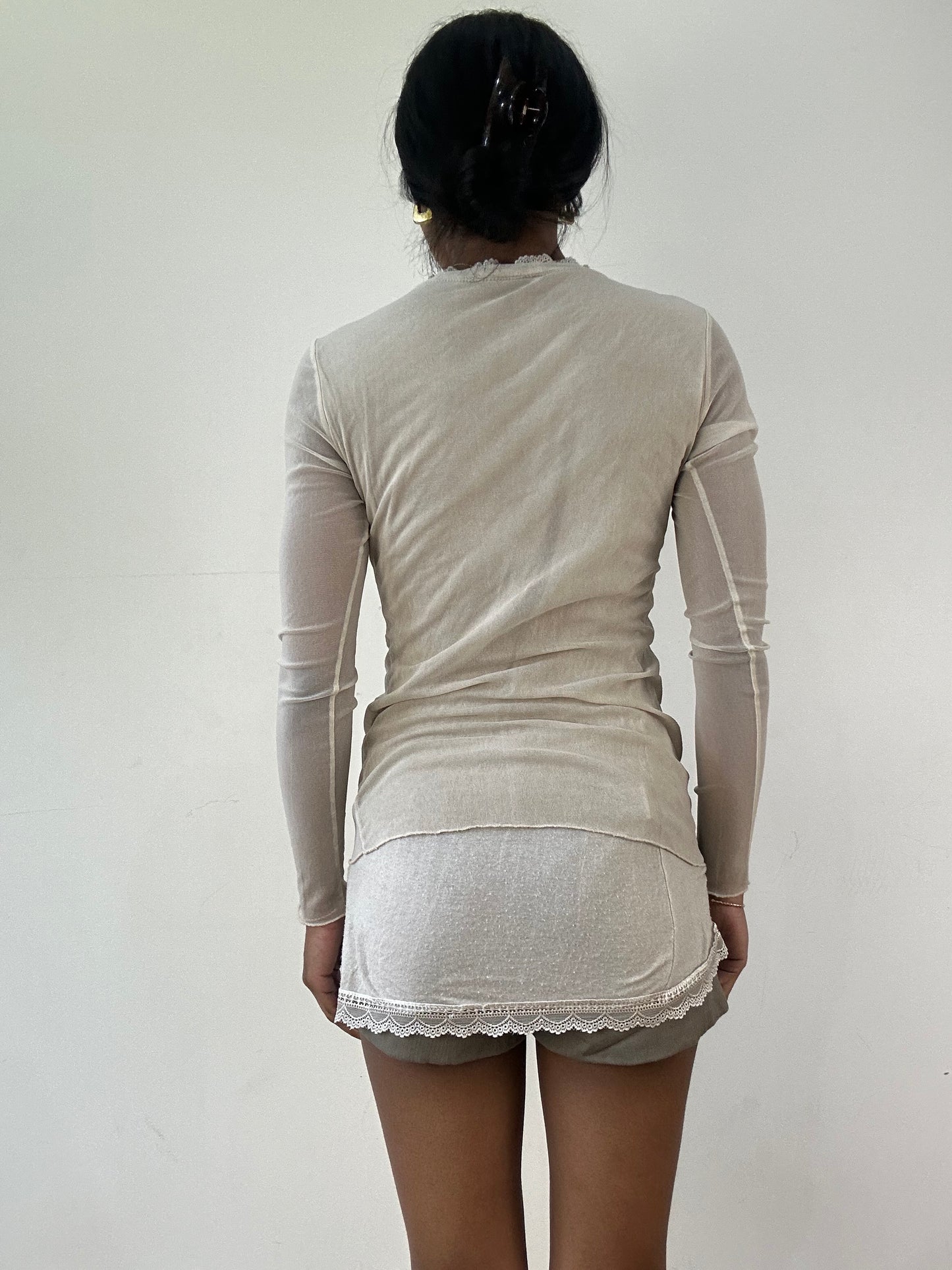 vintage edit twenty-one | small cream mesh overlay asymmetric long sleeve top