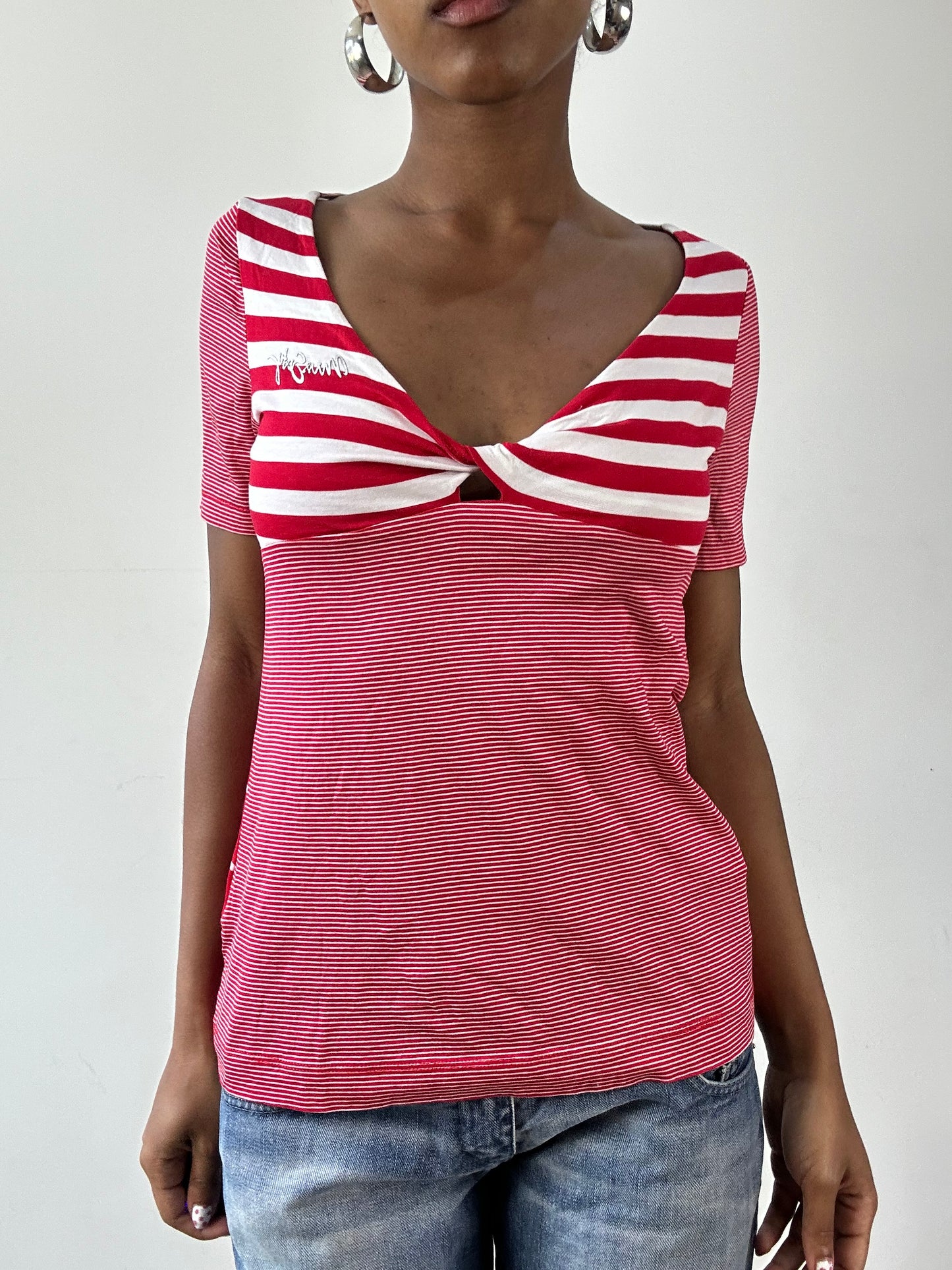vintage edit twenty-seven | medium red miss sixty pinstripe top with silver logo detail