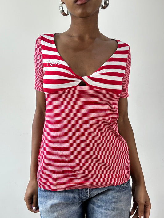 vintage edit twenty-seven | medium red miss sixty pinstripe top with silver logo detail