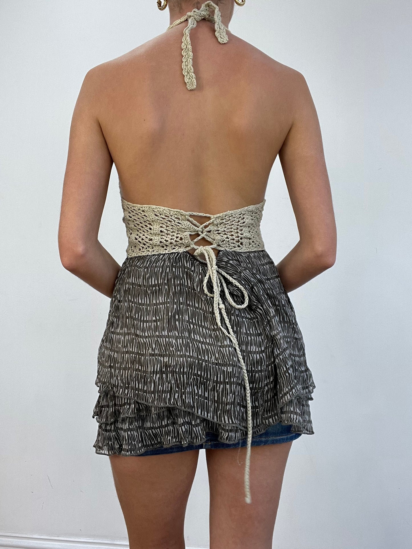 vintage edit three | cream and brown crochet halterneck dress