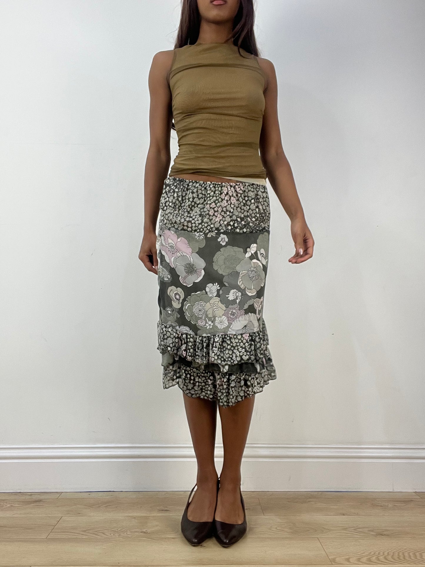 BEST PICKS | extra small green midi skirt with floral mesh overlay