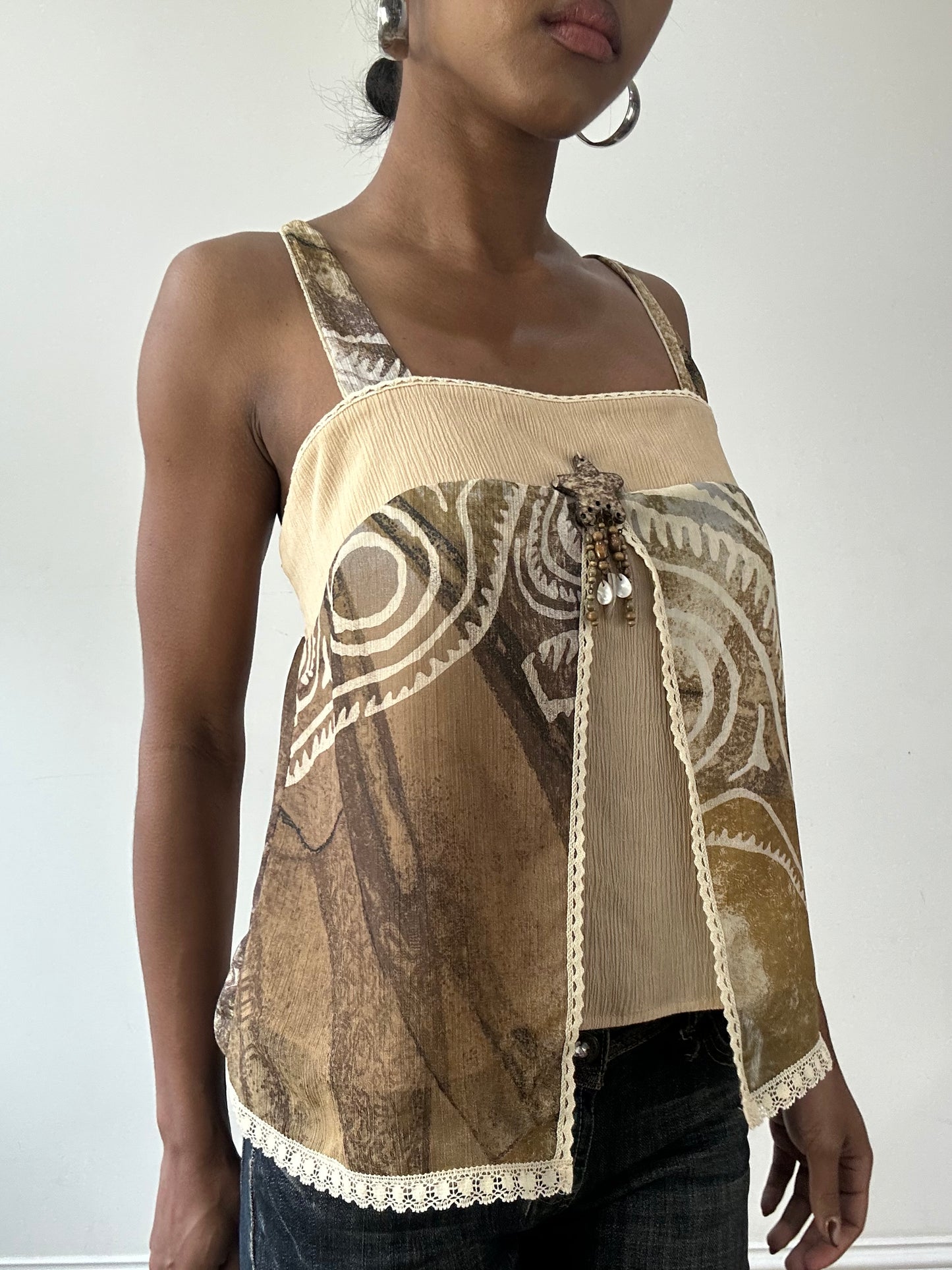 vintage edit thirty-one | medium brown and beige mesh overlay cami top