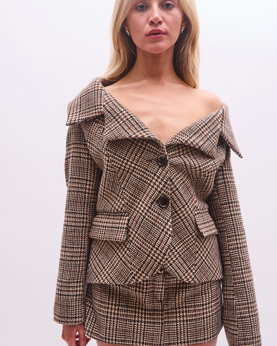 the alma tailored jacket in brown tartan