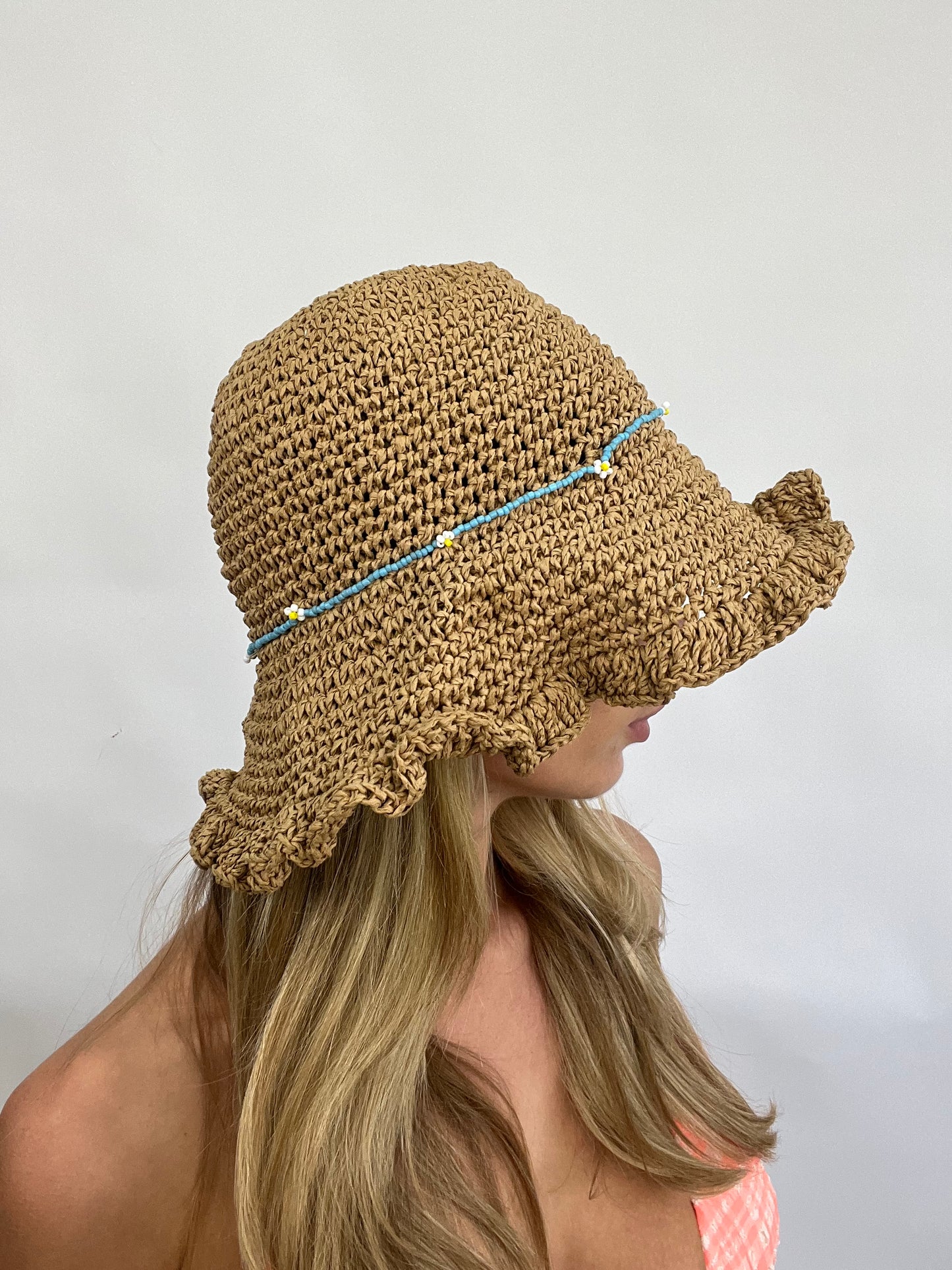 COACHELLA DROP | beige woven sun hat with blue bead detail