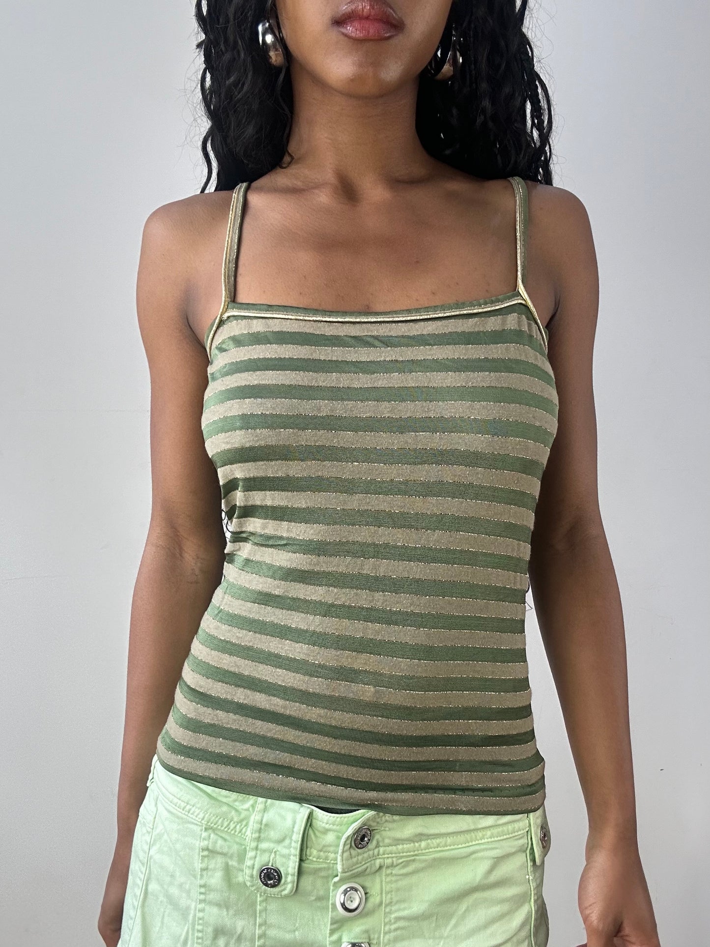 vintage edit twenty-three | large green and gold cami top with glitter stripes