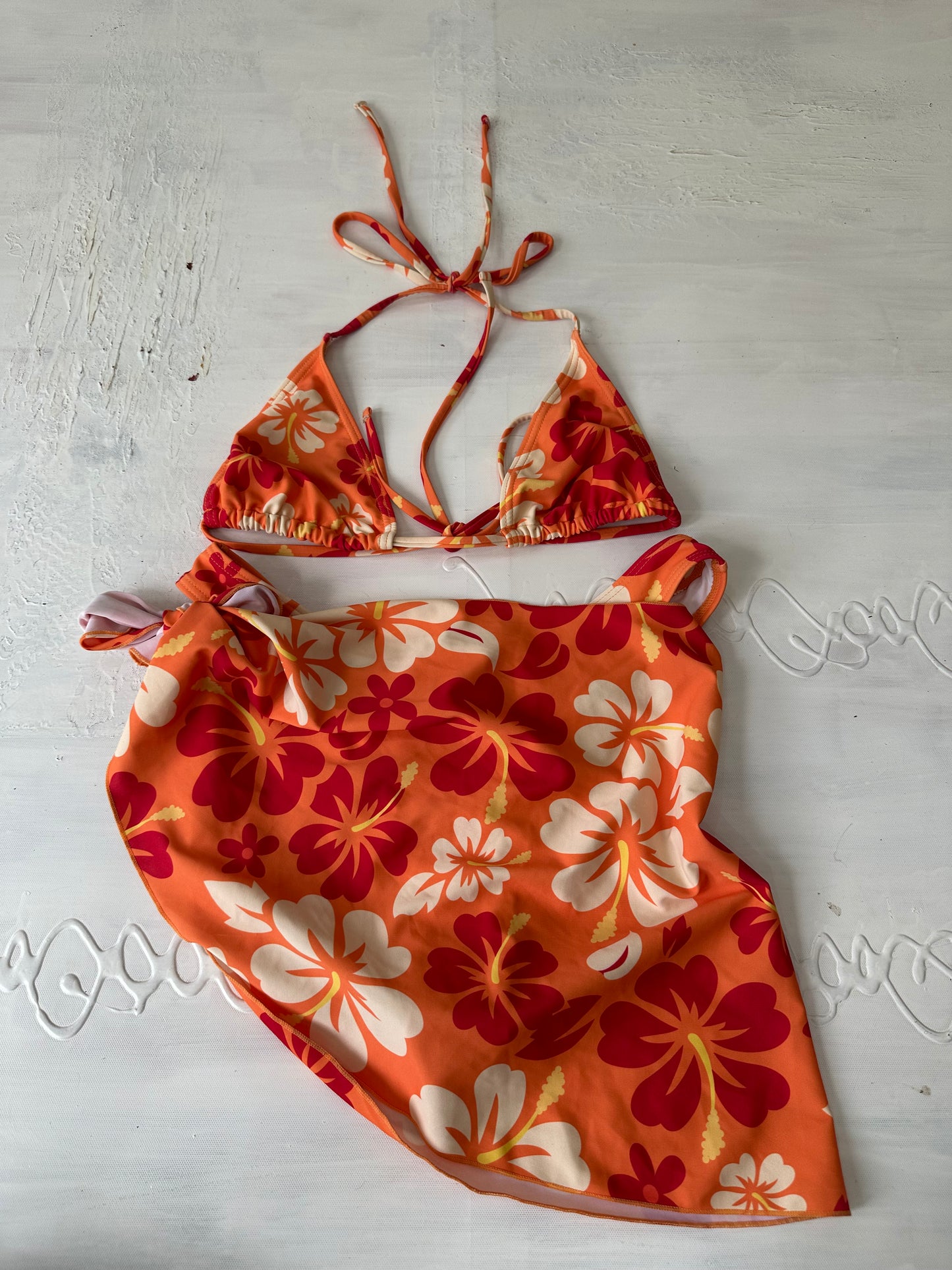 vintage edit twenty-seven | small orange hibiscus print bikini set with matching beach skirt