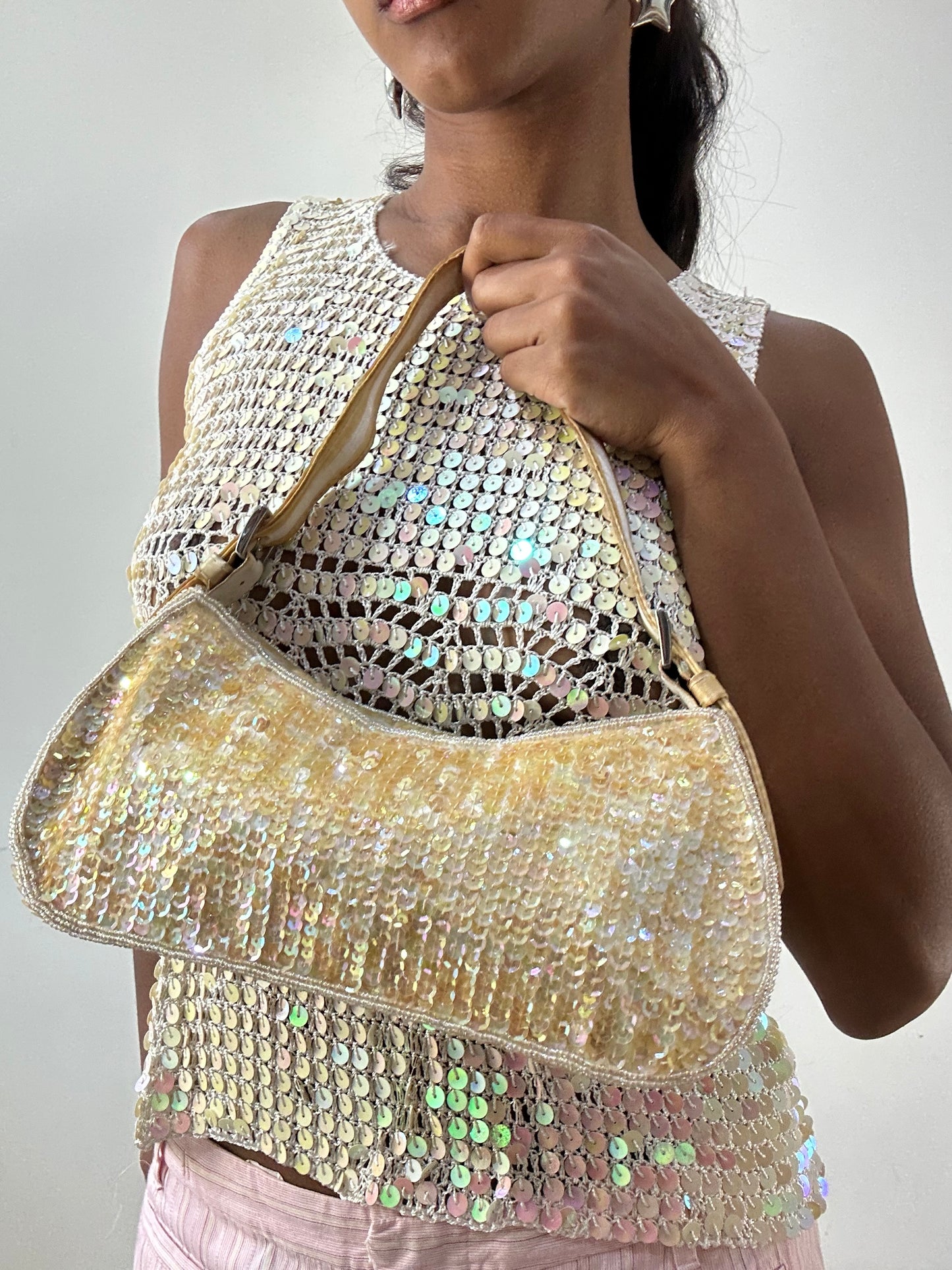 BEST PICKS | yellow mini shoulder bag with iridescent sequins throughout