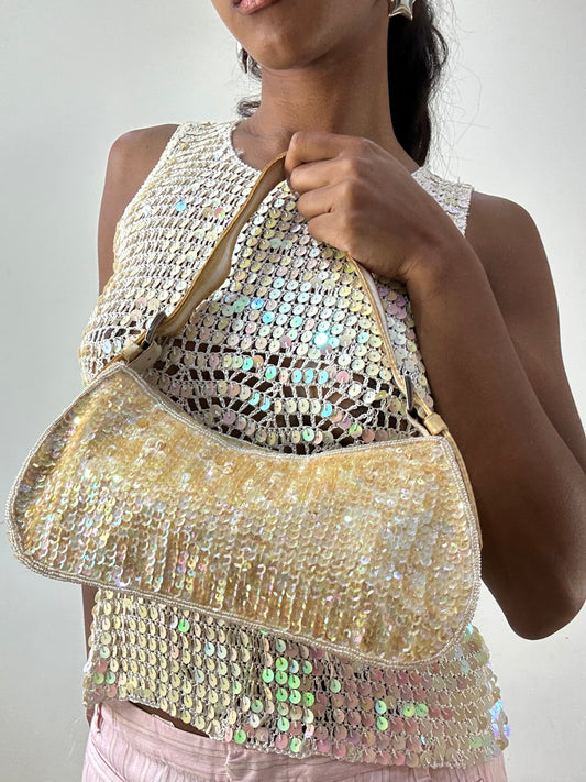 BEST PICKS | yellow mini shoulder bag with iridescent sequins throughout