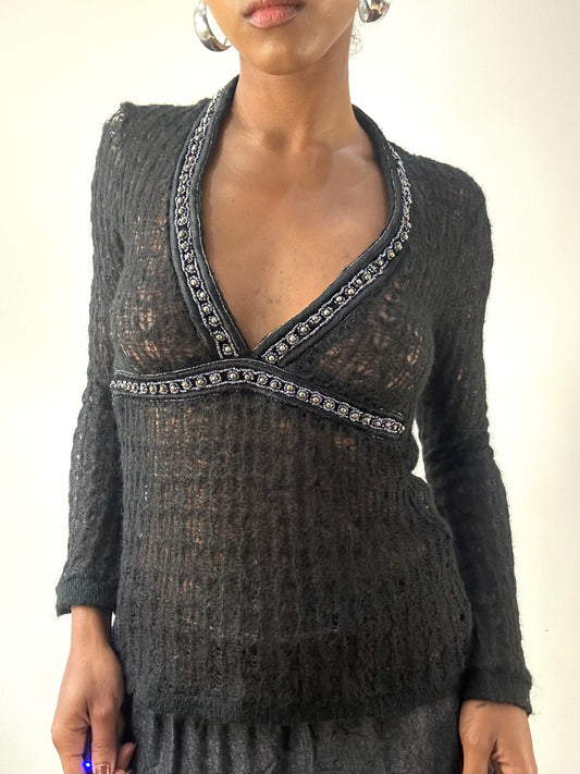 LFW edit | small black crochet knit long sleeve jumper with beaded trim