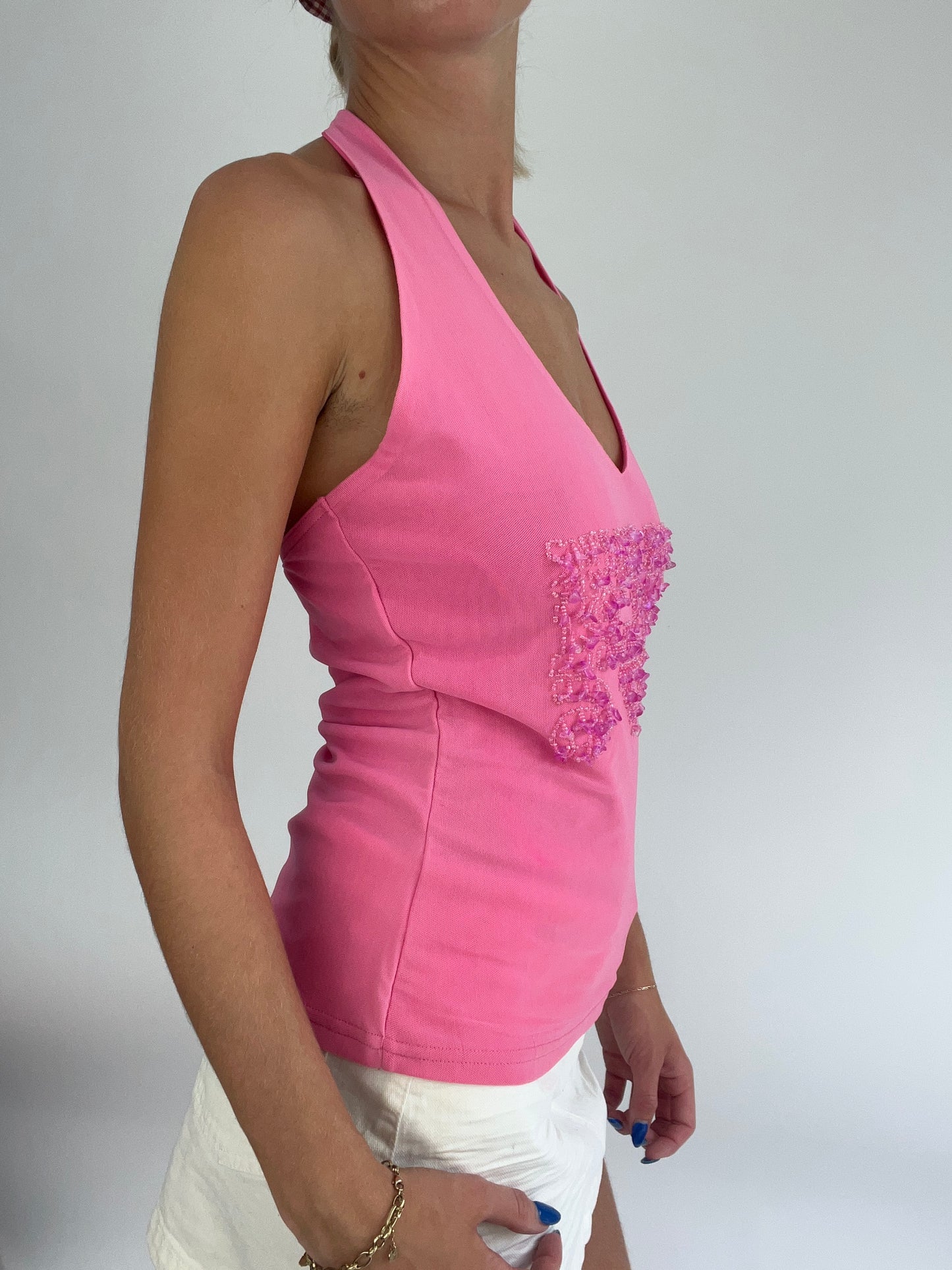 BRITISH SUMMER GIRL DROP | medium pink halterneck top with sequin beads