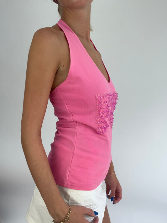 BRITISH SUMMER GIRL DROP | medium pink halterneck top with sequin beads