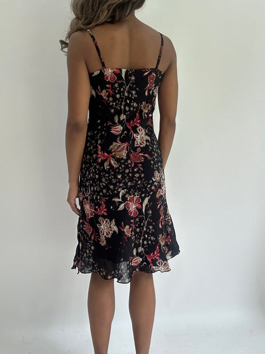 wedding guest drop | small black floral mesh overlay midi dress