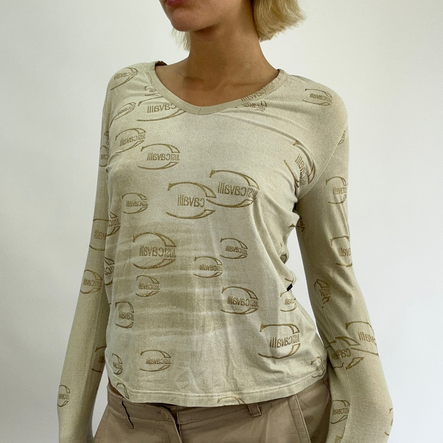 BEST PICKS | small beige cavalli logo print long sleeve top