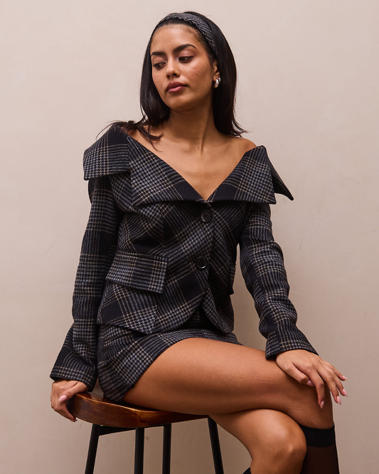 the alma tailored jacket in black tartan
