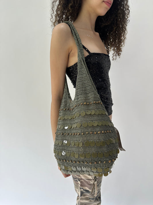 festival drop | khaki green knit slouchy sequin bag