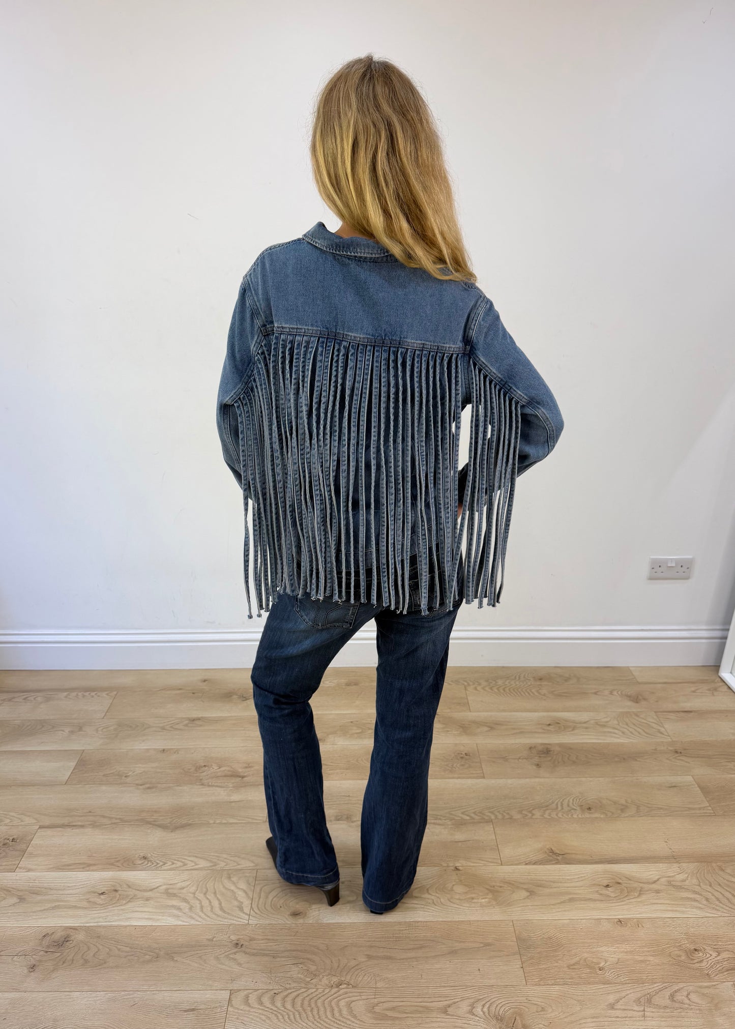 medium denim fringe jacket