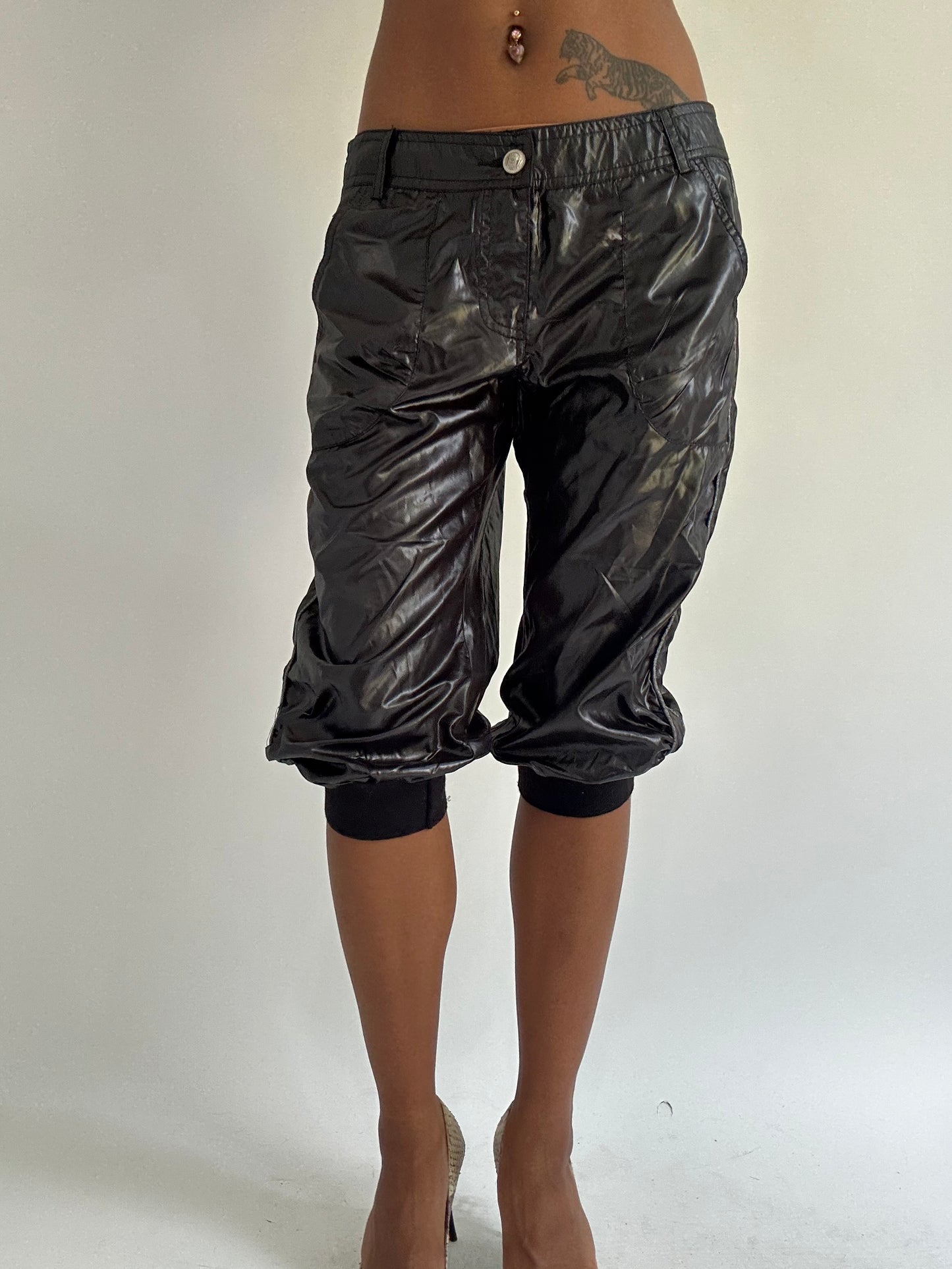 euro trash | small black leather style cropped cargo trousers