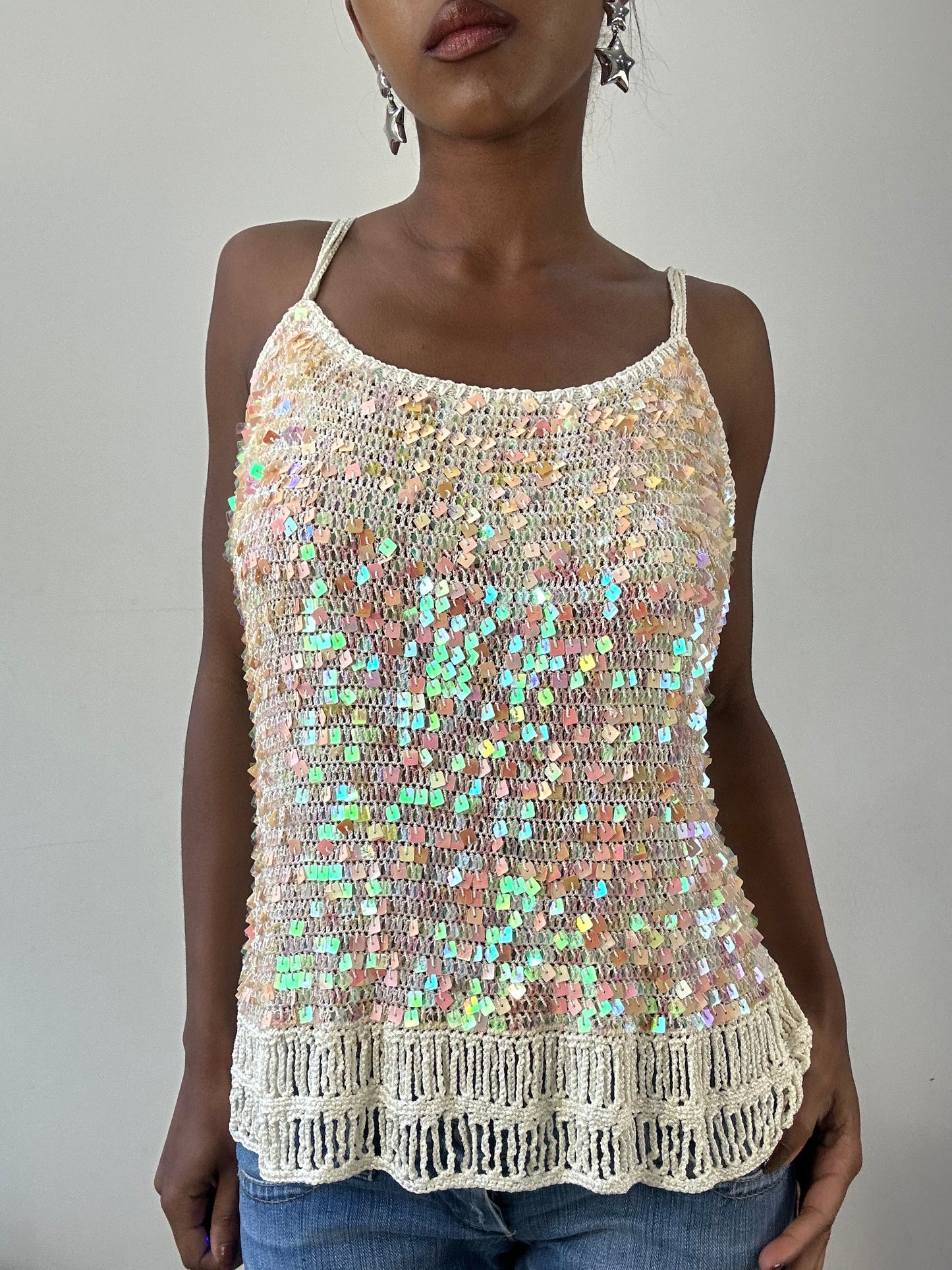 BEST PICKS | medium white sequin and crochet cami top