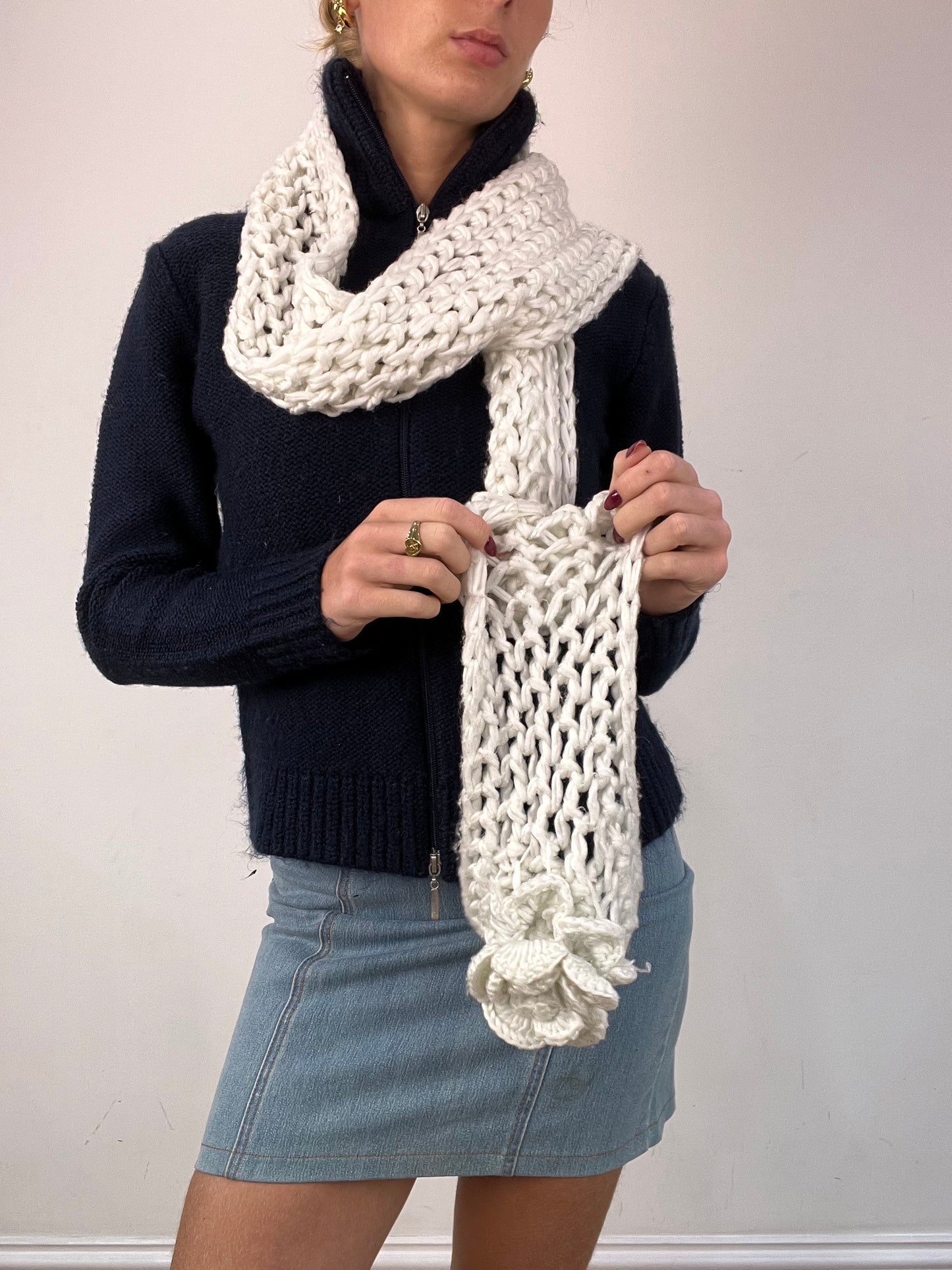 vintage edit twelve | white crochet scarf with flower detail