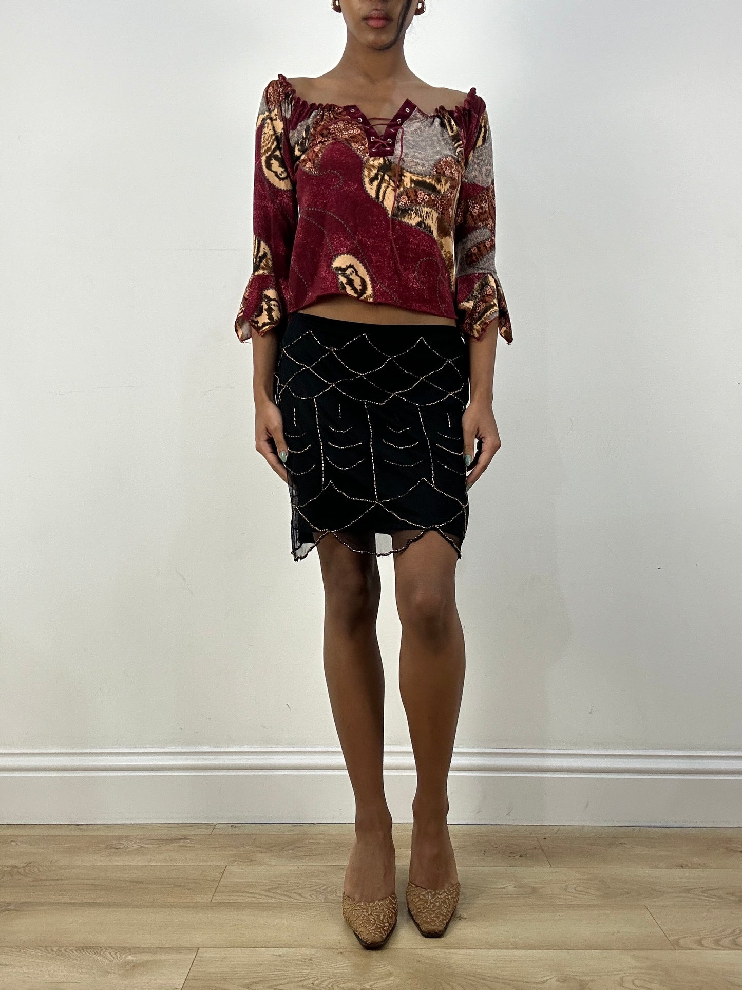 MOB WIFE DROP | small black mini skirt with gold beaded detail