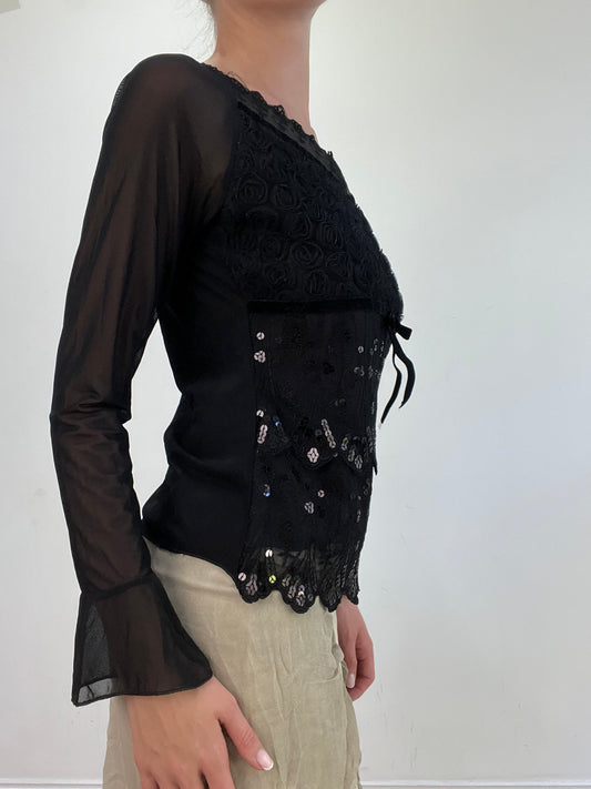 vintage edit: wedding guest | small black long sleeve top with sequin detail