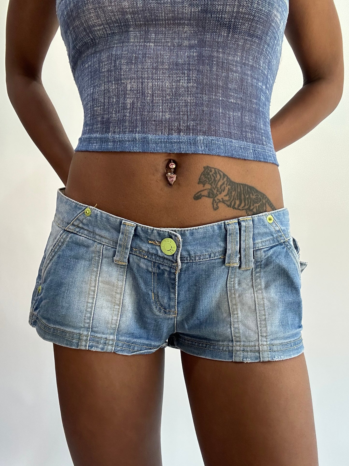 wag drop | medium blue denim mini shorts with yellow detailing