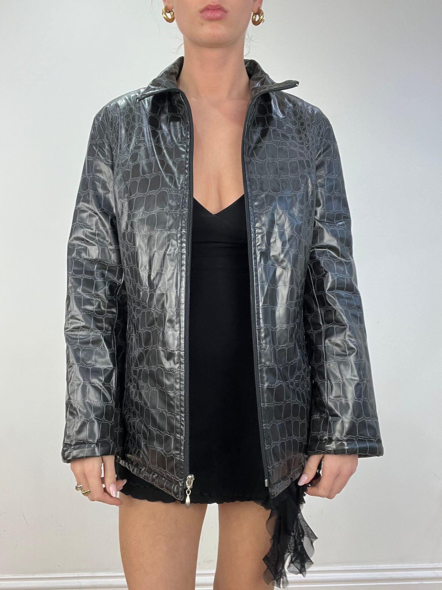 vintage edit: date night | small black faux leather crocodile print jacket