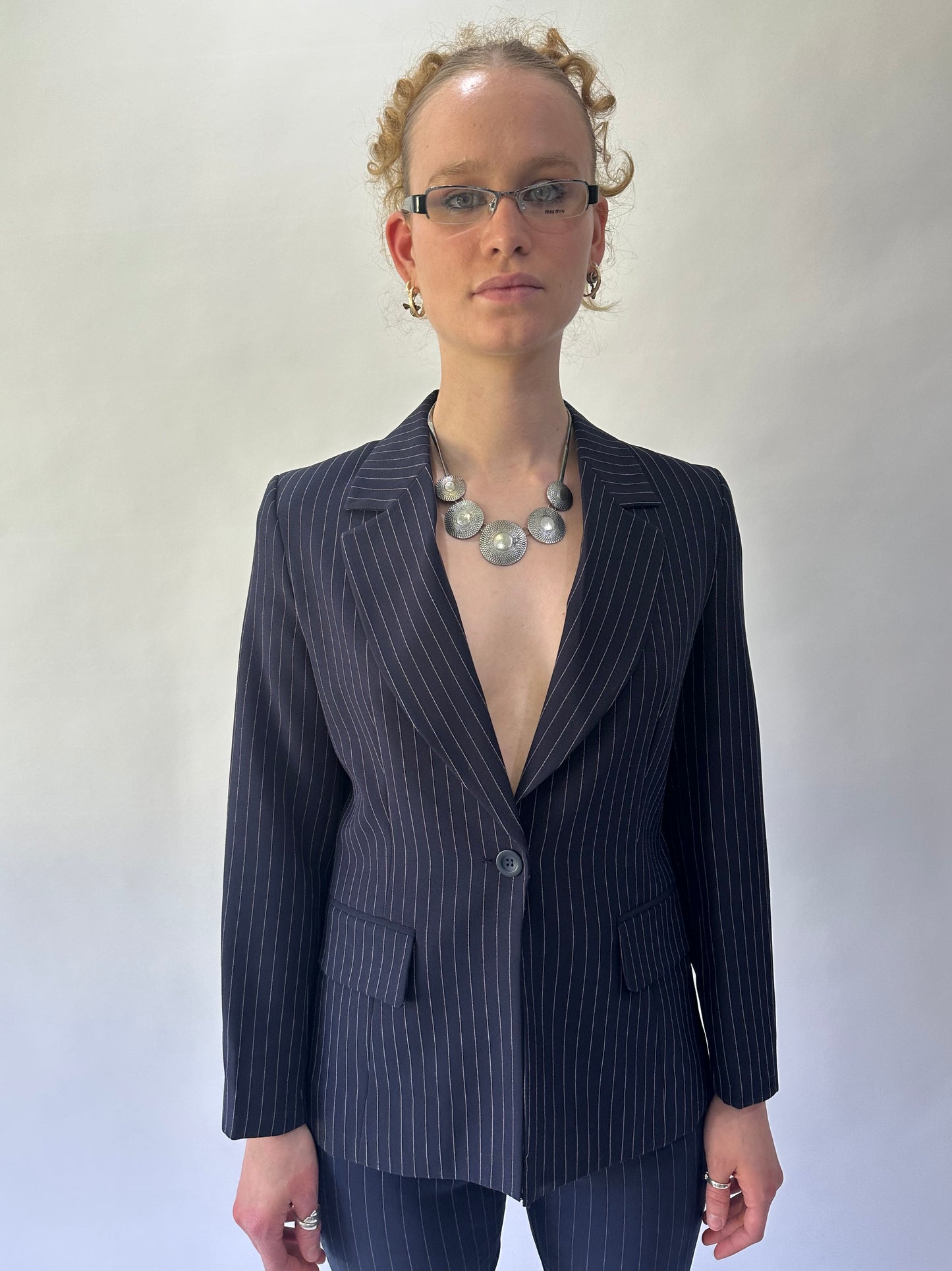 devil wears prada | small/medium blue navy kookai pinstripe set