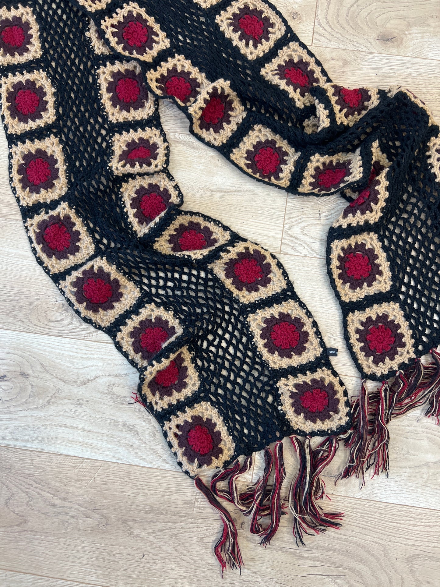 vintage edit thirteen | red and beige floral crochet patchwork scarf