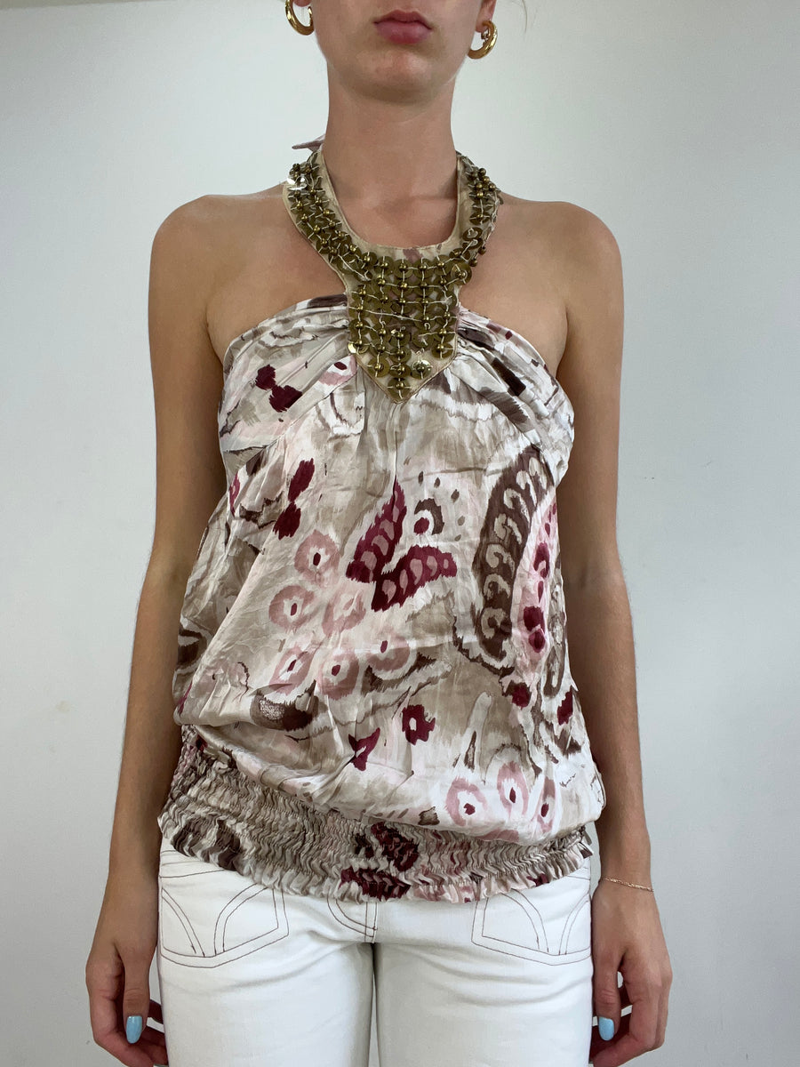 💚vintage edit twenty eight | Pequeno beige e rosa halterneck vestido feminino com detalhes de beating
