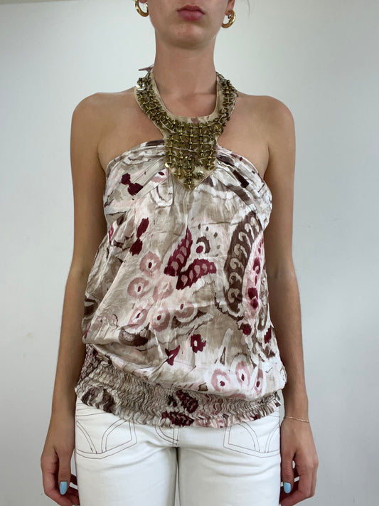 vintage edit twenty eight | small beige and pink halterneck top with beading detail