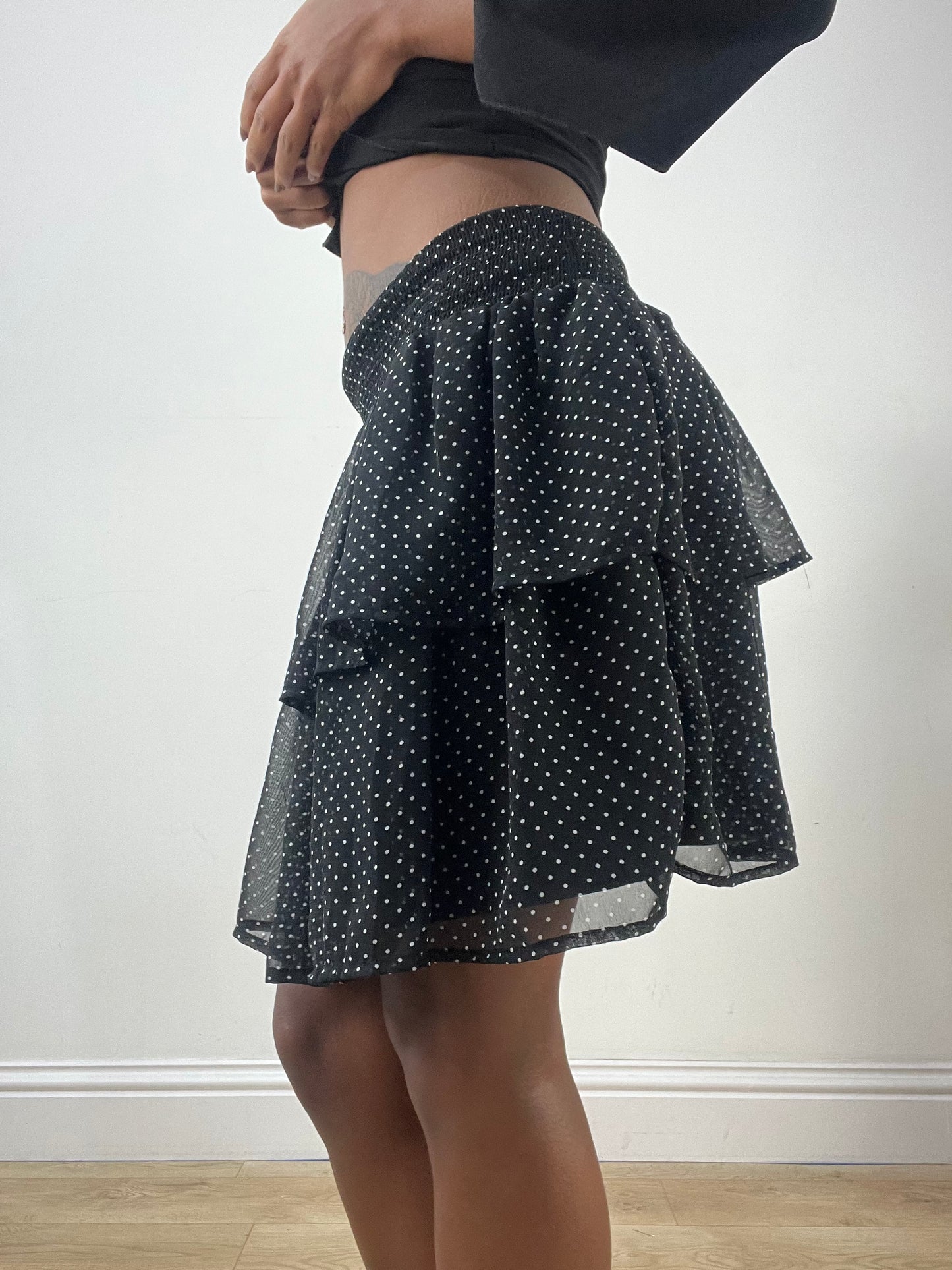 LFW edit | extra small black tiered mini skirt with polka dot print