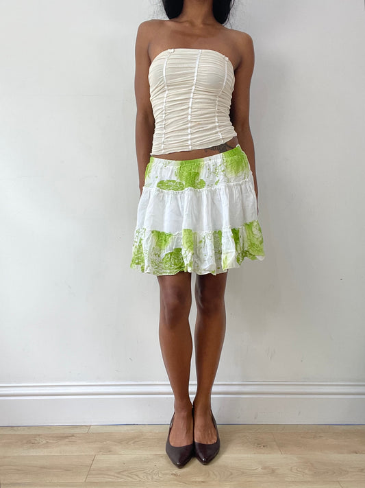 vintage edit twenty-five | extra small white tiered mini skirt with green floral pattern