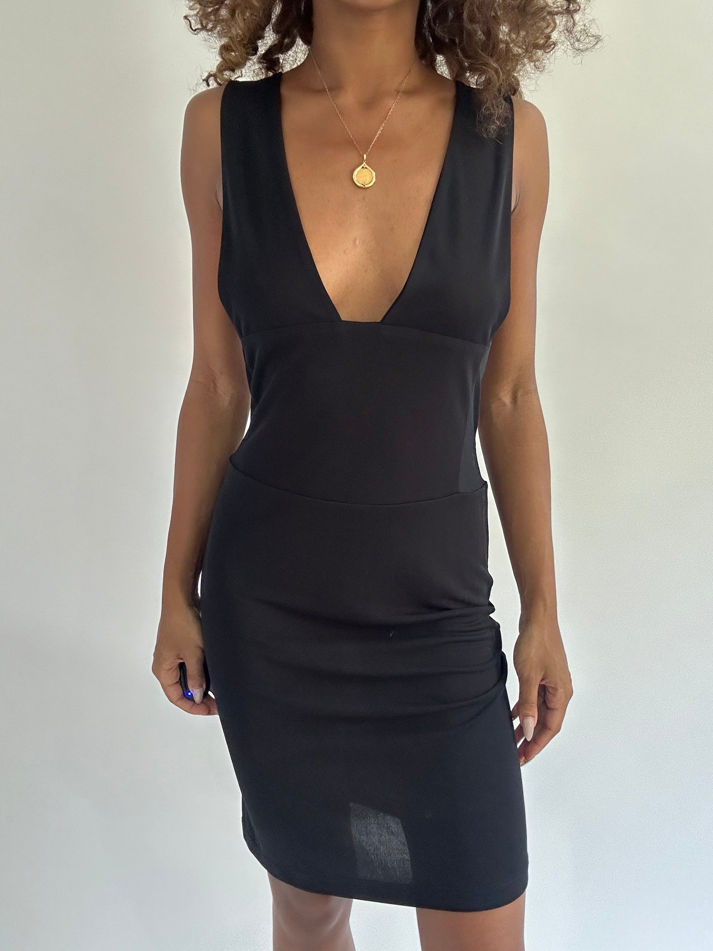 euro trash | small black plunge neck mesh mini dress with dragon detail