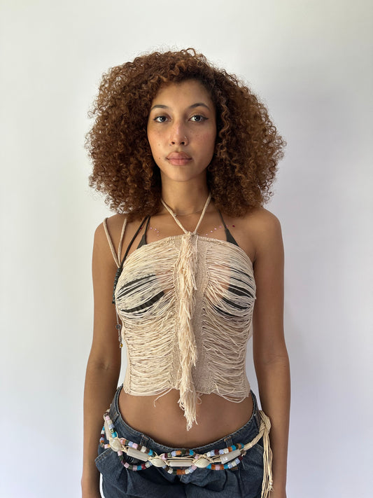 festival drop | small beige knit draped halterneck top