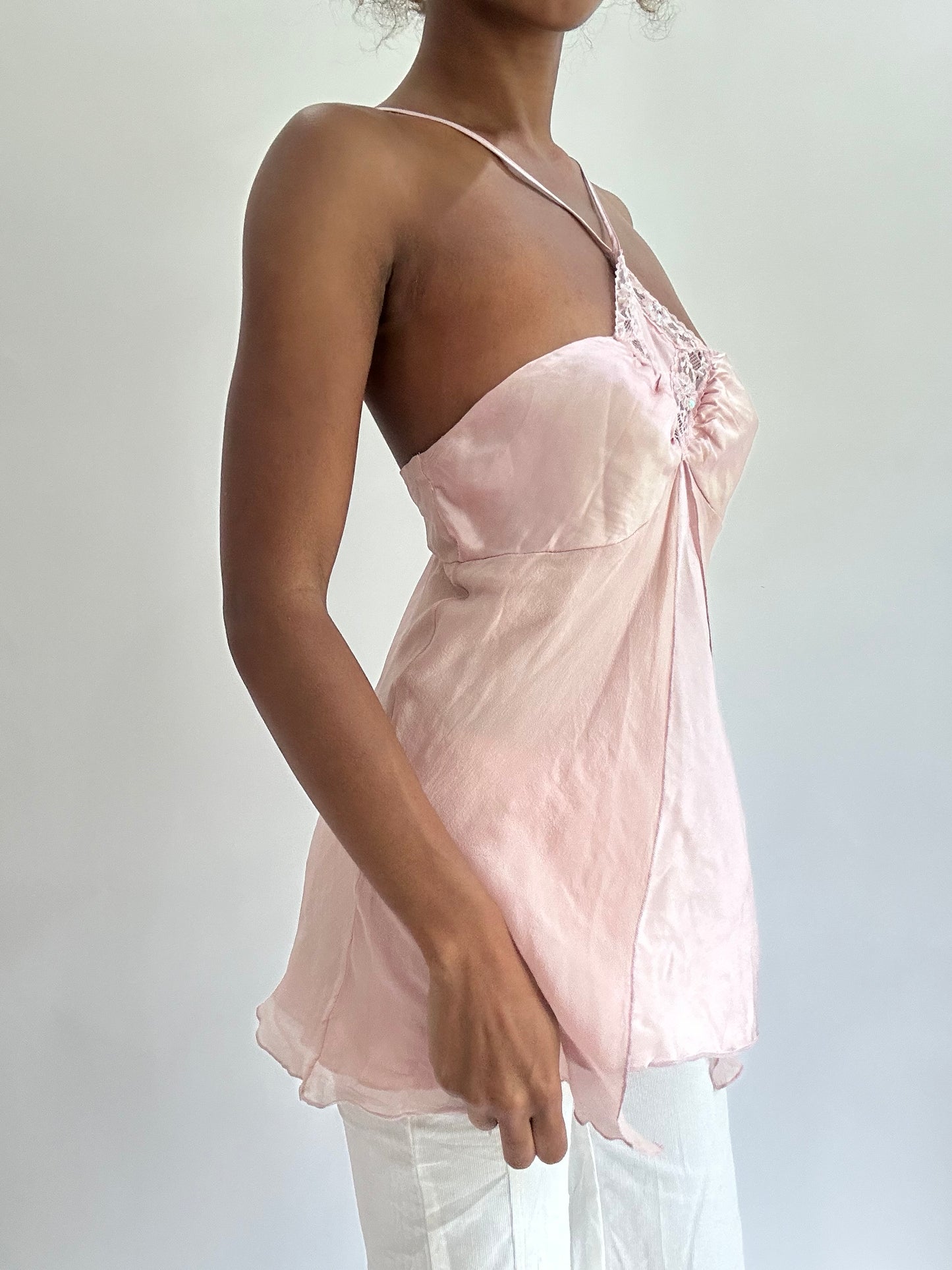 olivia rodrigo drop | small pink mesh overlay halterneck top