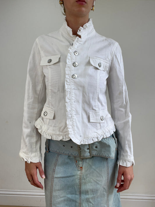 vintage edit twenty-four | small white denim jacket with ruffle trim