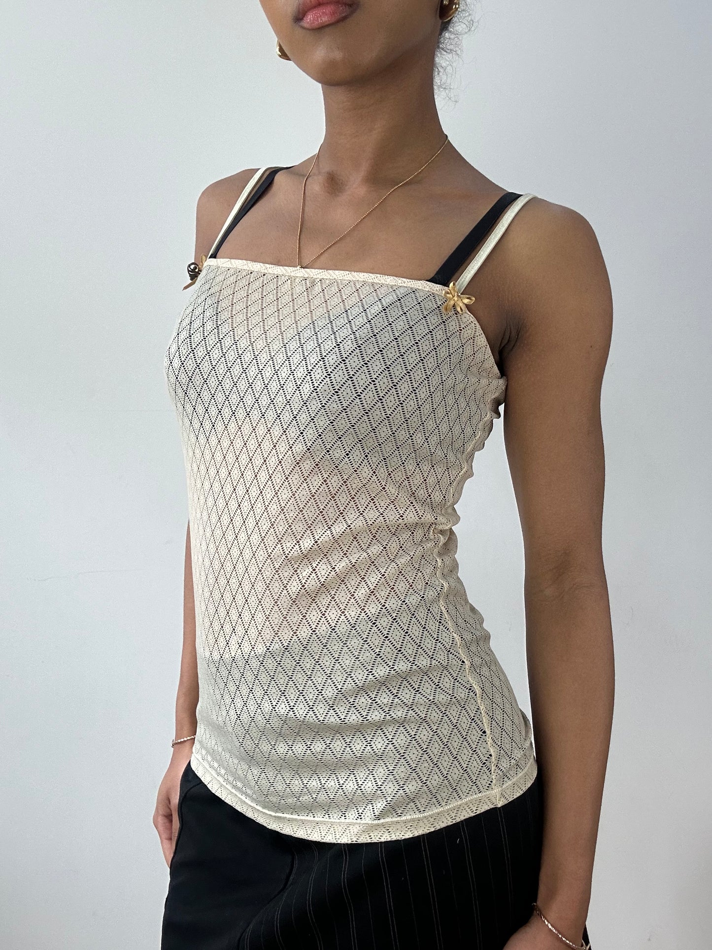 vintage edit fifteen | small beige sheer datch cami top with gold ribbons