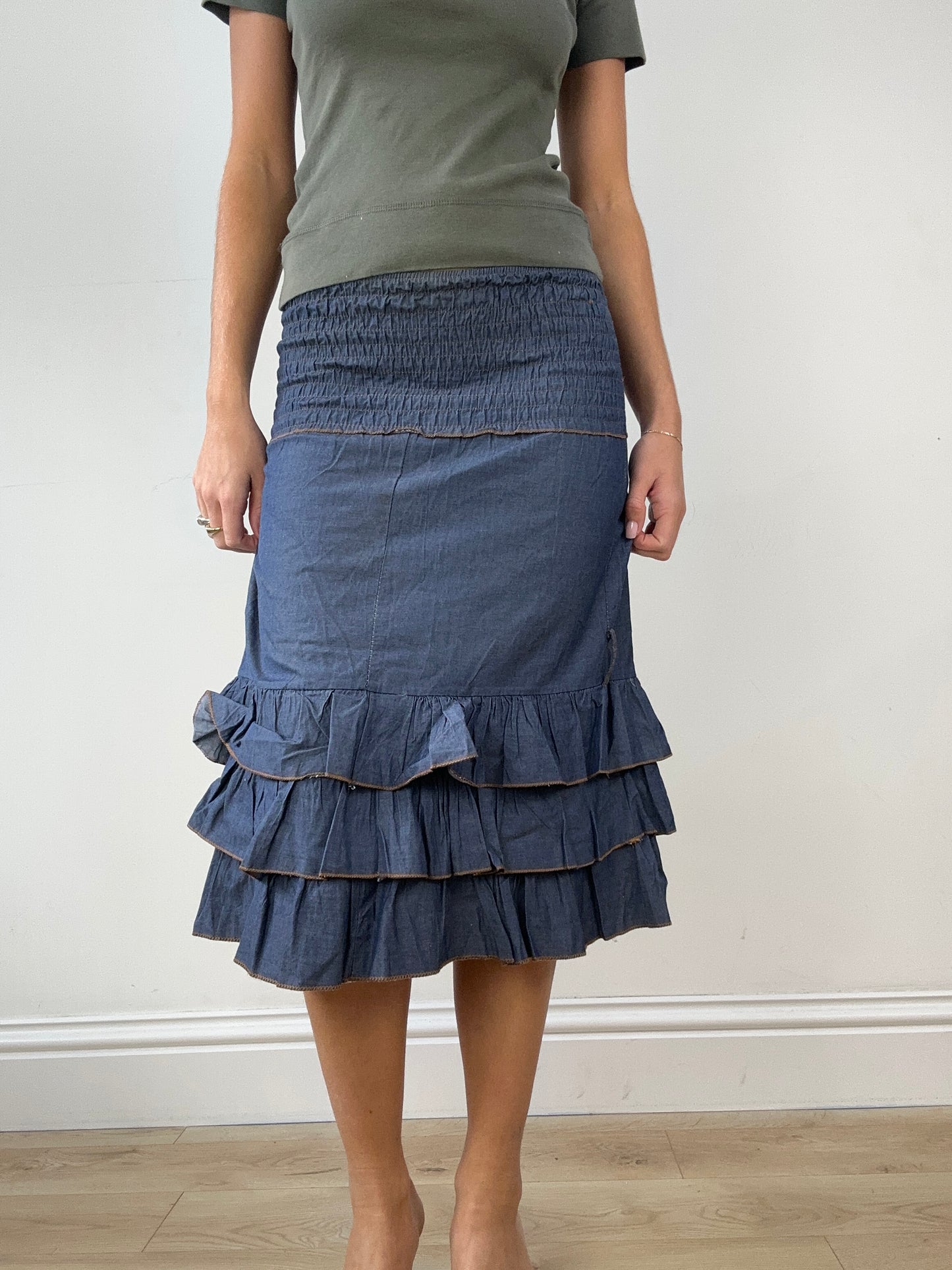 💻DENIM ON DENIM | small ruffle midi skirt