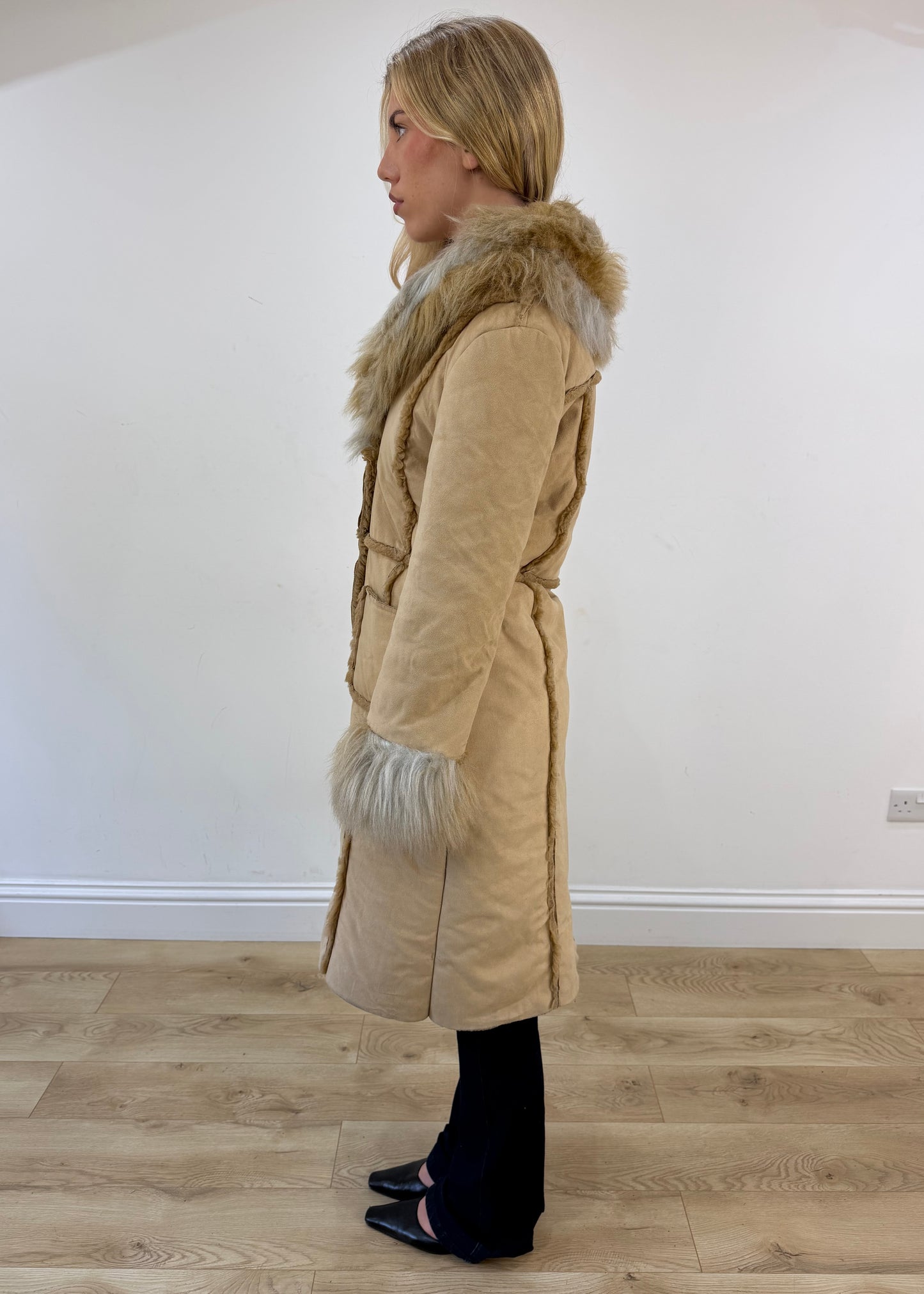 medium cream suede afghan coat with faux fur trim