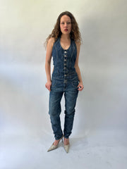 western edit | pequeno/mediano azul denim botão de cima jumpsuit