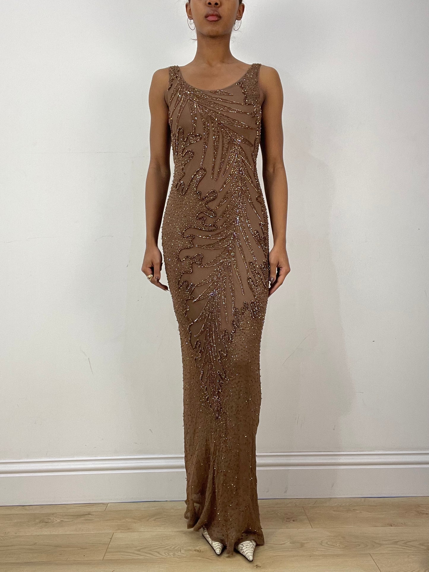 vintage edit thirty-six | small brown beaded maxi dress