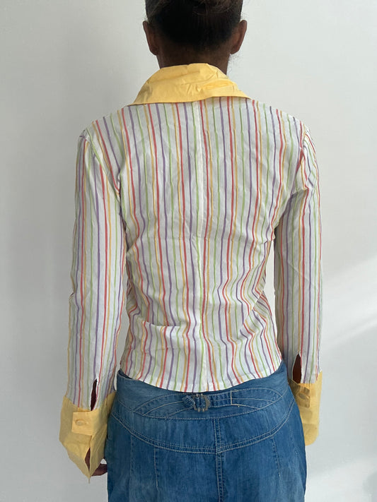 ‼️ | taille: S · couleur: blanc + jaune · article: chemise · détails: rayures tennis + boutonné