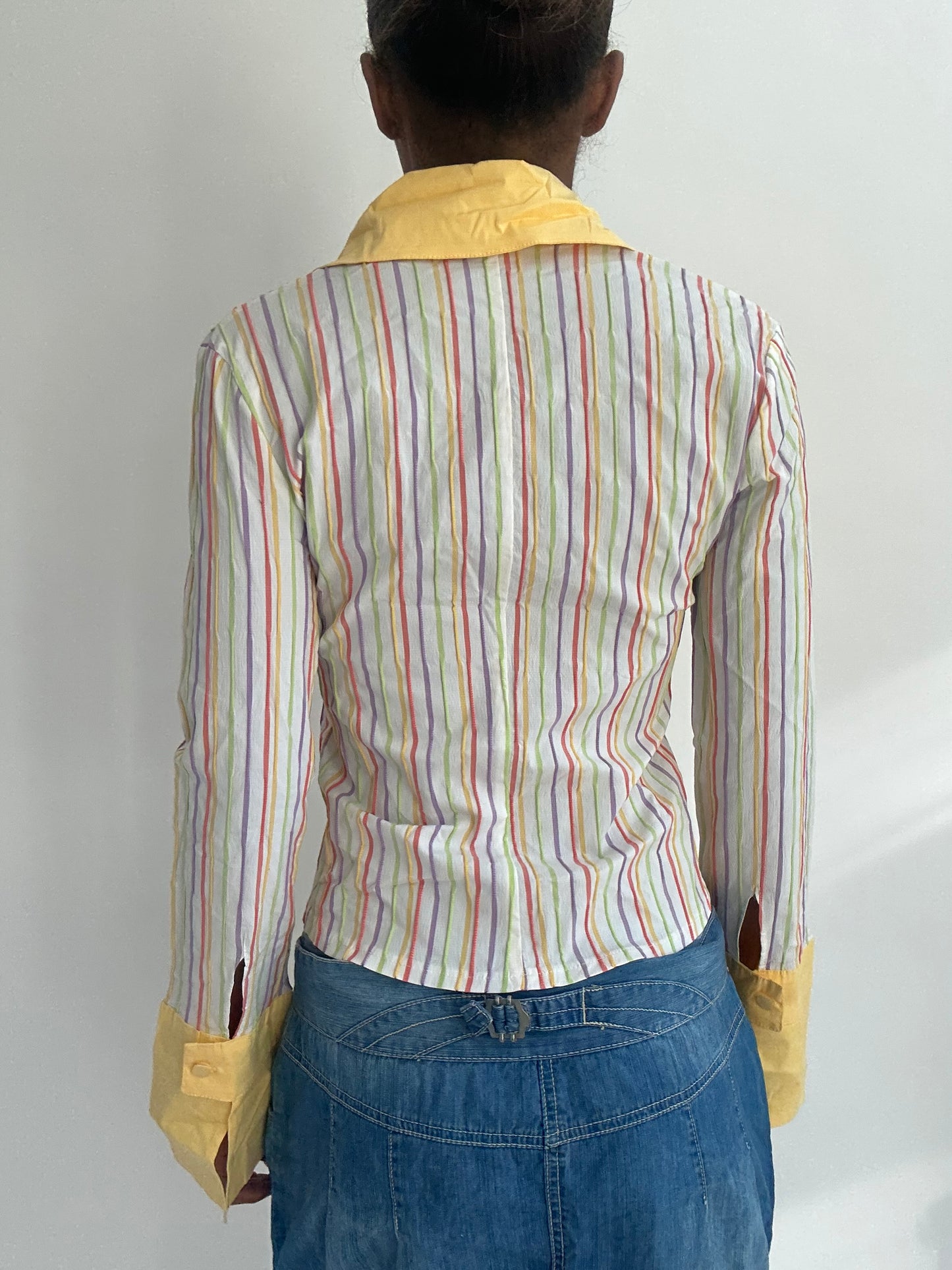 ‼️ | small white and yellow pinstripe button up shirt