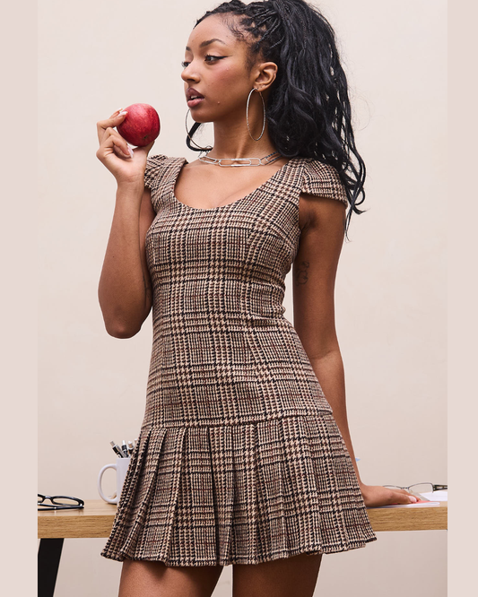the alma dress in brown tartan