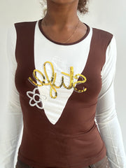 💻‼️ | small white and brown long sleeve top with sequin details