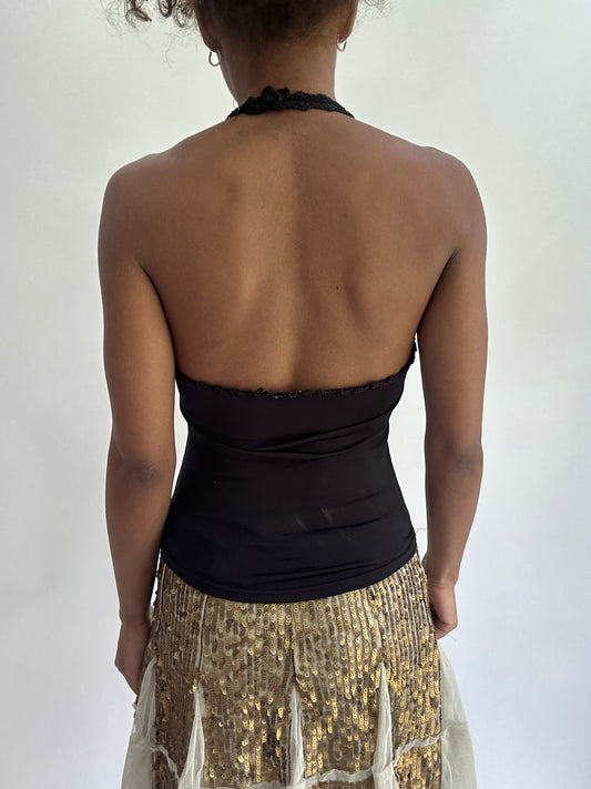 olivia rodrigo drop | small black halterneck mesh panel top