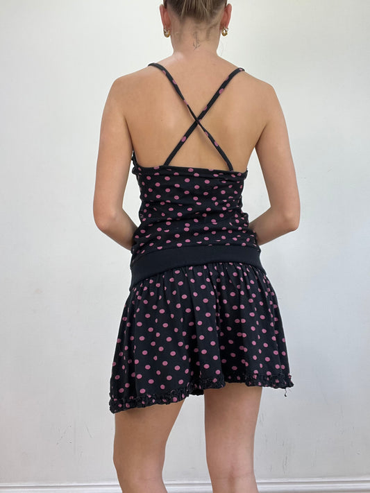 vintage edit twenty | medium navy and pink polka dot dress