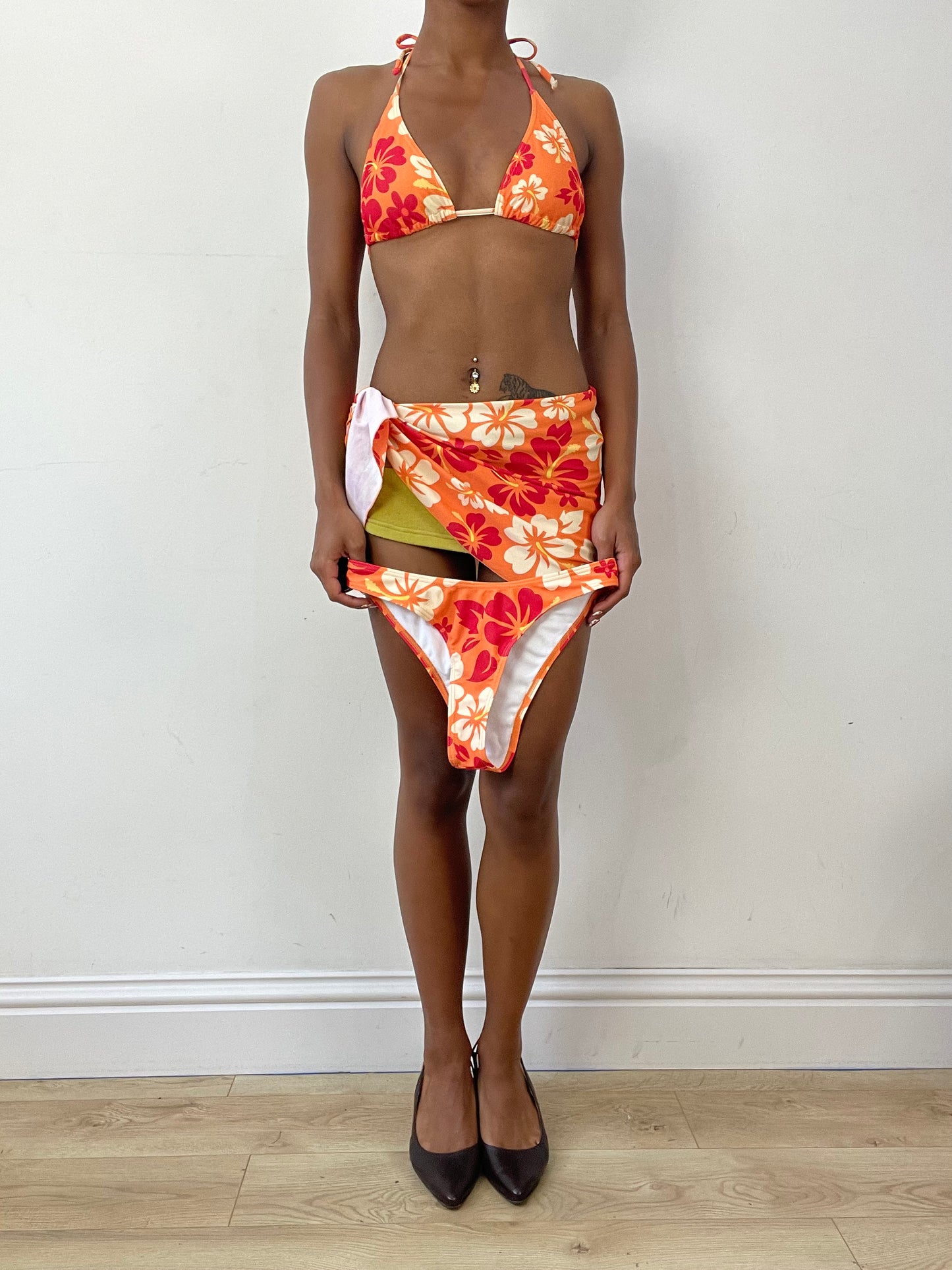 vintage edit twenty-seven | small orange hibiscus print bikini set with matching beach skirt